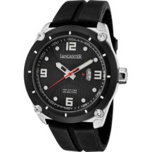 Lancaster Men's Trendy Top-Up Time Round Watch Dial / Strap color: Black textured / Black silicon, Case / Hands color: Silver / Silver, Markers: Silver and White