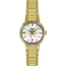 LB02845-40 Rotary Ladies Stone Set White Mop Dial Gold Tone Bracelet W...