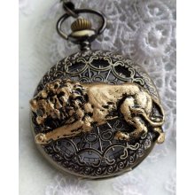 Lion pocket watch, men's pocket watch with hunting lion mounted on front cover