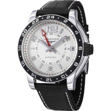 Longines Men's 'admiral' Silver Gmt Dial Black Leather Strap Watch