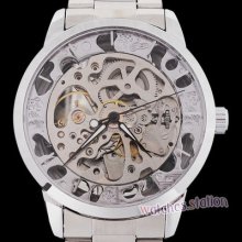 Luxury Heavy Silver Tone Skeleton Automatic Mechanical Wrist Watch Stainless