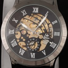 Luxury Men Automatic Mechanical Watch Black Alloy Band Skeleton Dial Noble Roman