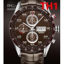 Luxury Men Leather Brown Grand Calibre 16 Mechanical Watch Stainless