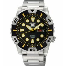 Men`s Seiko 5 Sports Automatic Watch W/ Black Dial & Yellow Bezel