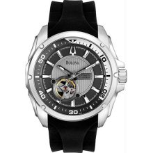 Men's Automatic Silver Tone Dial Skeleton Display Black Rubber Strap