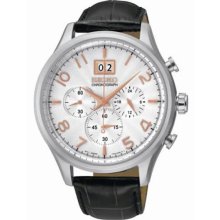 Men's Chronograph Stainless Steel Case Leather Bracelet Silver Tone Di