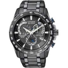 Men's Citizen Eco-Drive Perpetual Chronograph Black Ion-Plated Watch with Round Black Dial (Model: AT4007-54E) citizen