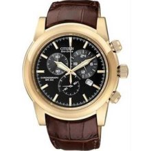 Men's Eco-Drive Rose Gold Tone Black Dial Chronograph Brown Leather