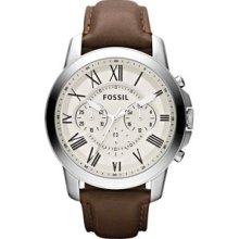 Mens Fossil Grant Stainless Steel Watch with Brown Leather Band