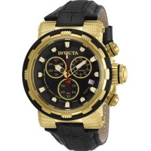 Men's Gold Tone Stainless Steel Case Leather Strap Chronograph Black Dial