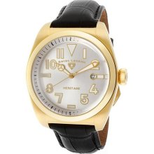 Men's Heritage Silver Dial Gold Tone IP Case Black Genuine Leathe ...