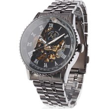 Men's Hollow Engraving Style Analog Steel Mechanical Wrist Watch (Black)