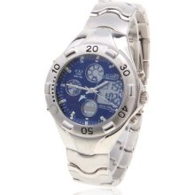 Mens Jcky Digital/analog Stainless Steel Chrome Watch W/ Blue Face