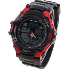 mens new Alike black & red digital/analog watch silicone band w/backlight WR 50M