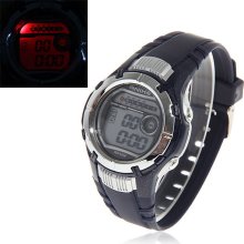 mens new Anike black &chrome digital watch silicone band with red backlight