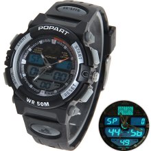 mens new black grayPopart analog/digital watch silicone band w/backlight alarm