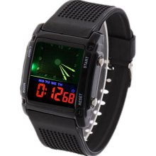 mens new Chic 732 black dual time digital watch w/silicone band & multi-color