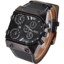 mens new Oulm 3 time zone military watch w/ black & white face faux leather band - White - 3 - White Gold