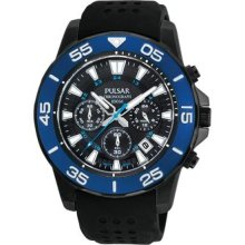 Mens Pulsar Black Stainless Steel Blue Bezel Chronograph Watch