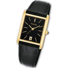Men's Pulsar Gold-Tone Black Strap Watch with Tonneau Black Dial (Model: PXDA80) hirsch attachments