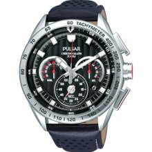 Mens Pulsar World Rally Black Dial Chronograph Watch with Black Leather Band