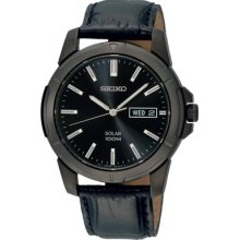 Men's Seiko Solar Quartz Sne097 Black Dial Black Leather Strap Watch