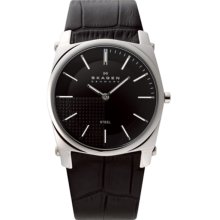 Mens Skagen Black Leather Slim Black Face Watch 859LSLB