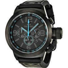 Men's Stainless Steel Case Chronograph Black Dial Light Blue Hands Lea