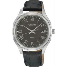 Men's Stainless Steel Case Gray Dial Black Leather Strap Date Display