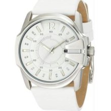 Men's Stainless Steel Case Leather Bracelet White Tone Dial Date