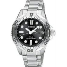 Men's Stainless Steel Diver Solar Quartz Link Bracelet Black