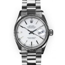 Mens Stainless Steel Oyster White Stick Dial Fluted Rolex Datejust