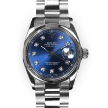 Men's Stainless Steel Oyster Blue Dial Smooth Bezel Rolex Datejust (193)