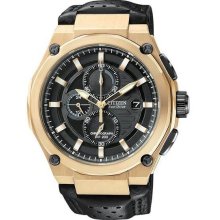 Men's Stainless Steel Rose Gold Tone Eco-Drive Chronograph Black Dial Leather St