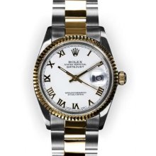 Men's Two Tone Oyster White Roman Dial Fluted Bezel Rolex Datejust