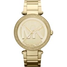Michael Kors Gold Midsize Gold-Tone Stainless Steel Parker Logo Glitz Exclusive Anniversary Watch