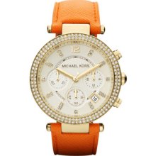Michael Kors Mid-Size Orange Leather Parker Chronograph Glitz Watch