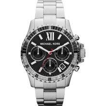 Michael Kors Silver/Black Mid-Size Silver-Tone Stainless Steel Everest Chronograph Glitz Watch