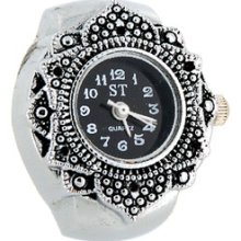 Mini Leaf Style Watch Dial Stretchy Watchband Finger Ring Watch Silver