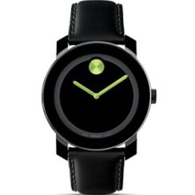 Movado Bold Large Green Accent Black Leather Strap Mens Watch 3600004