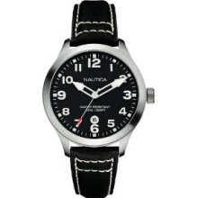 Nautica Men's & Women's Stainless Steel Case Black Leather Mineral Watch A09558g