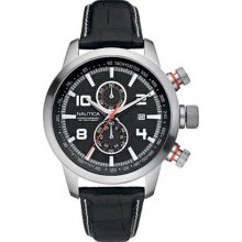 Nautica N18546g Men's Watch Chronograph Leather Bracelet Black Dial Date Display