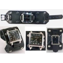 Nemesis Wide Black Band Leather Studded Cuff Watch Mens