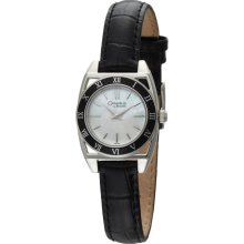 New CARAVELLE By Bulova MOP Analog Ladies Black Genuine Leather Strap Watch