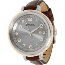New FOSSIL Ladies Oversized Round Quartz Steel Grey Watch Brown Leather Band - Brown - Surgical Steel