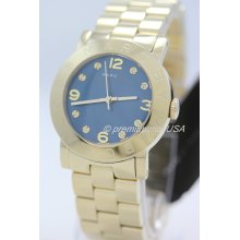 NEW Marc Jacobs Amy women watch MBM3166 gold-tone 36mm crystal markers blue dial