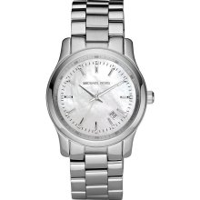 New MICHAEL KORS Ladies Mens Crystals Round Watch Steel Bracelet MOP Dial