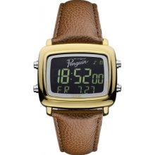 Original Penguin Men's Quartz Watch With Lcd Dial Digital Display And Brown Leather Strap Op5017gd