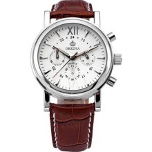 Orkina White Silver 3 Dial Stopwatch Brown Leather Men Quartz Wrist Watch Gbh