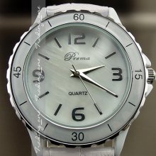 Oyster Fashion Elegant Quartz Hours Dial White Leather Women Wrist Watch Ah075